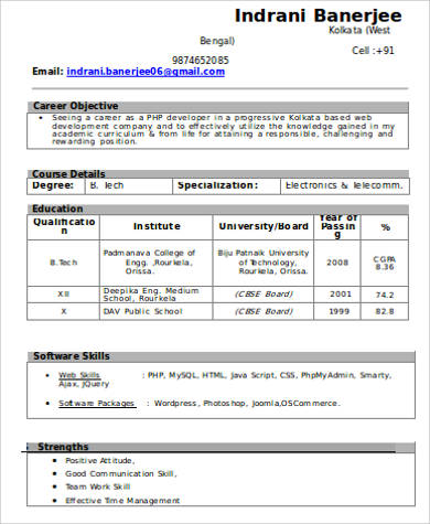 fresher resume sample in word