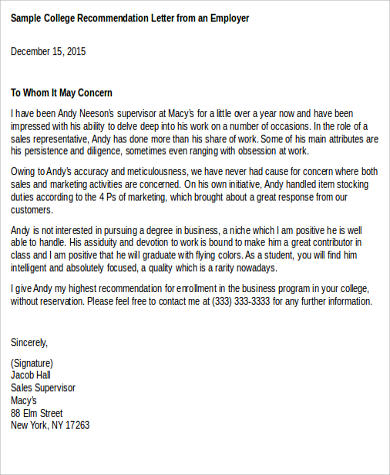 college recommendation letter from employer