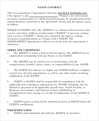 nanny contract agreement