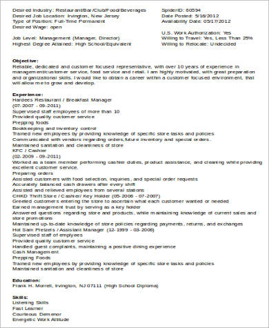 sample food service resume 