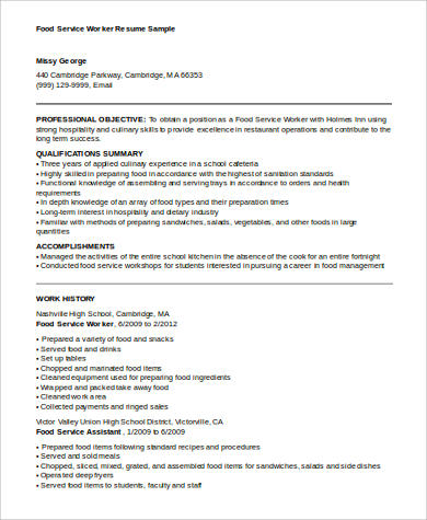 Free 7 Sample Food Service Resume Templates In Pdf Ms Word - Rezfoods ...