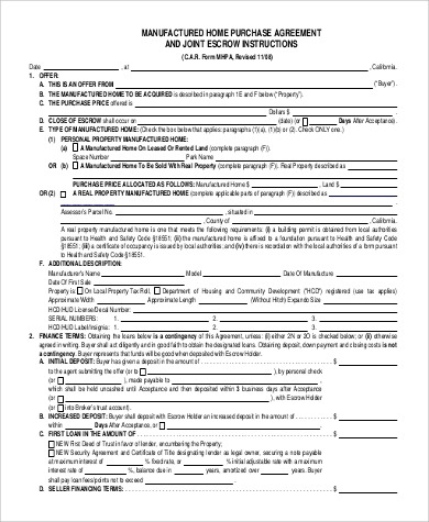 manufactured home purchase agreement