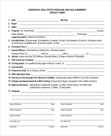 blank home purchase agreement form