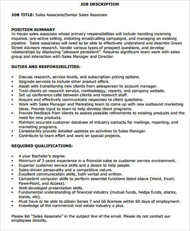 Sales Associate Manager Job Description 