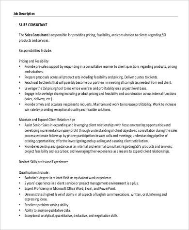 job sales description consultant support sample samples ms word pdf