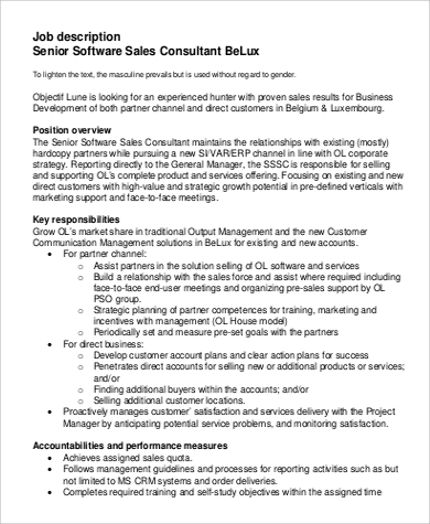 senior software sales consultant job description