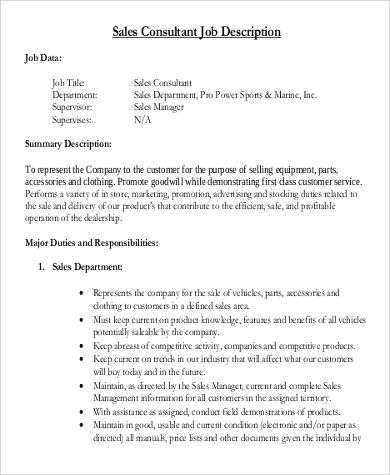 sales consultant job description duties sample