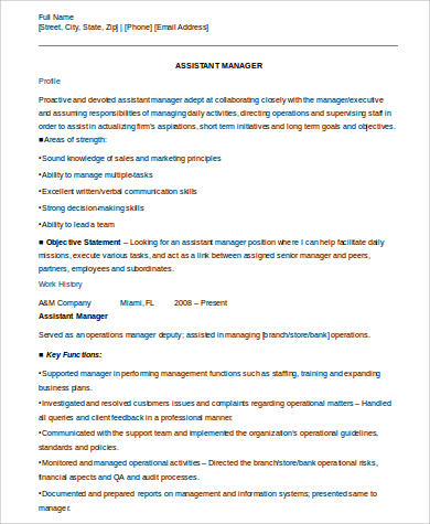assistant manager job description resume