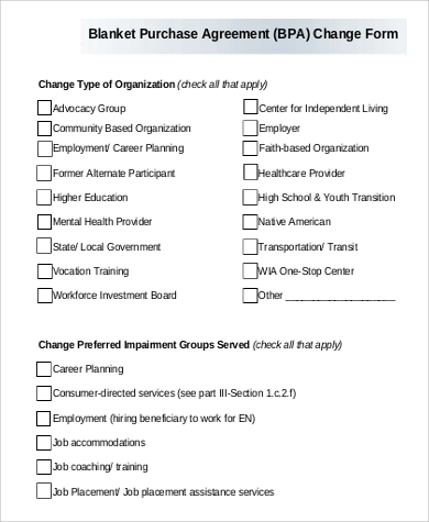 blanket purchase agreement change form in pdf