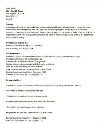 8 Sample Event Coordinator Resumes in Word PDF