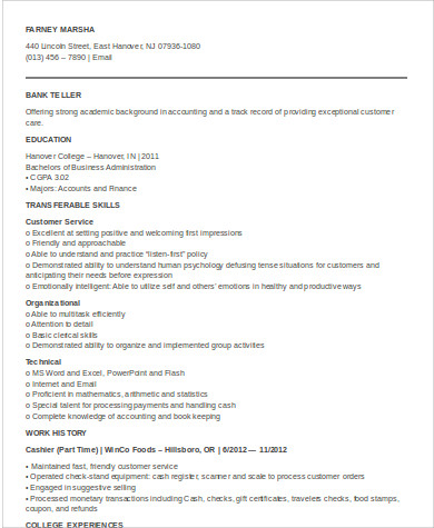 entry level teller resume format