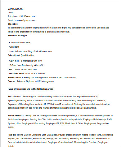 mba hr resume example