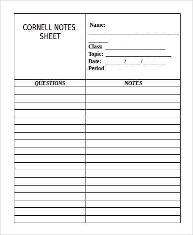 cornell note sheet sample