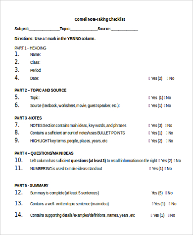 cornell note taking checklist