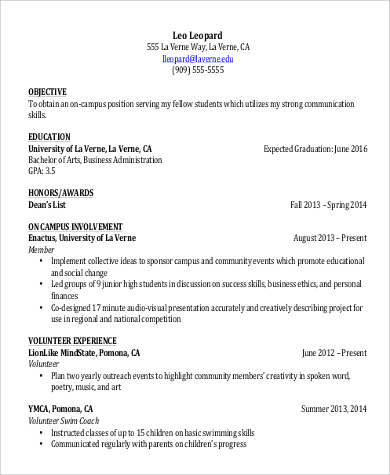 college student resume example experience