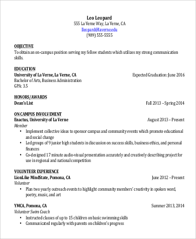 FREE 9+ Resume for College Student Samples in MS Word | PDF