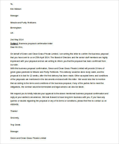 business proposal confirmation letter