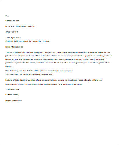 letter of intent for secretary job