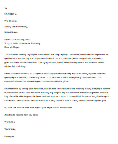 letter of intent for teaching job
