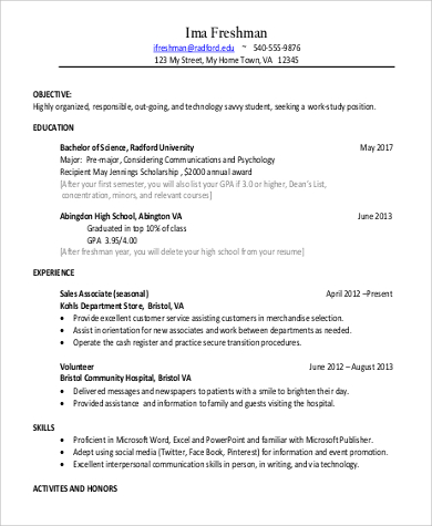 freshman college student resume