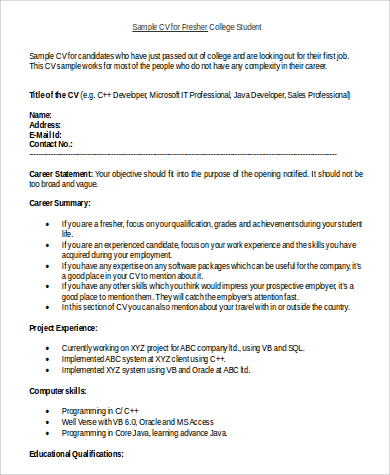 fresher college student resume in word