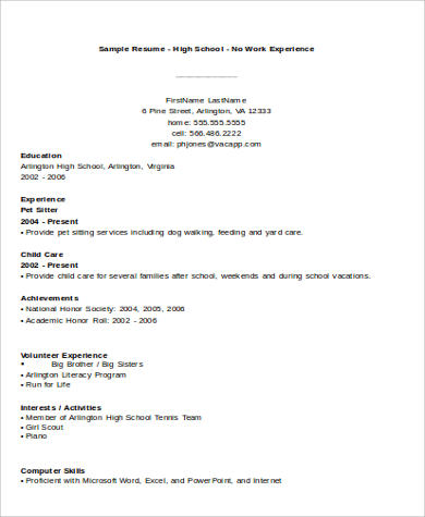 high school student resume with no work experience example