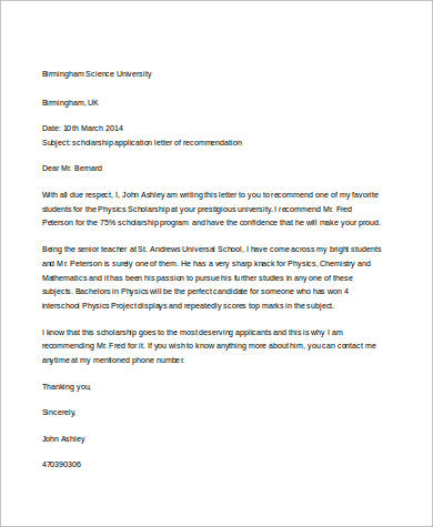 scholarship letter of recommendation for student