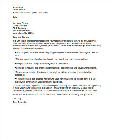 FREE 6+ Sample Executive Assistant Cover Letter Templates in MS Word