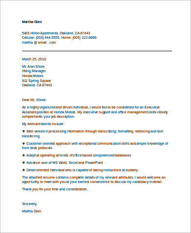 executive assistant cover letter no experience