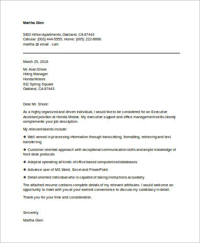 application letter for executive assistant with no experience