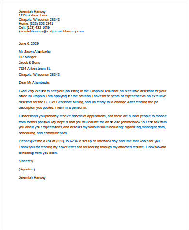 Sample Job Application Letter For Executive Secretary