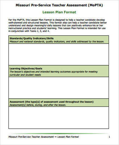 teacher assessment lesson plan format