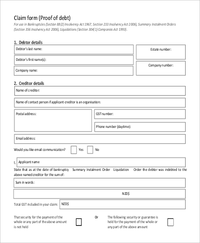 proof of debt claim form example