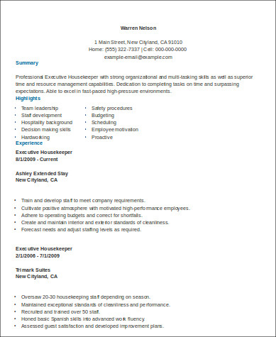 Hotel Housekeeping Sample Resume | PDF Template