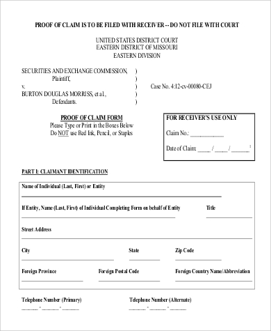 receiver proof of claim form