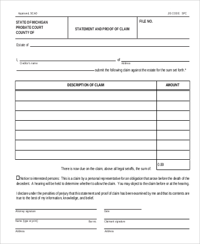statement and proof of claim form