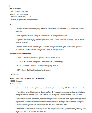 software architecture resume format