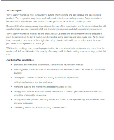 travel agent manager job description