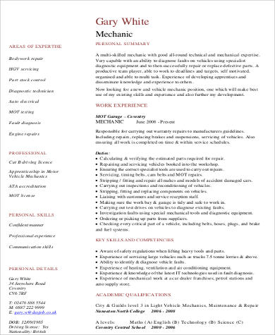 sample mechanic resume pdf
