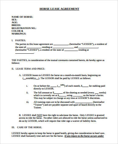 sample partial horse lease agreement