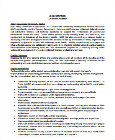 loan underwriter job description example