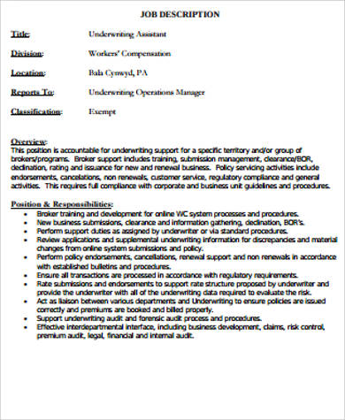 assistant underwriter job description