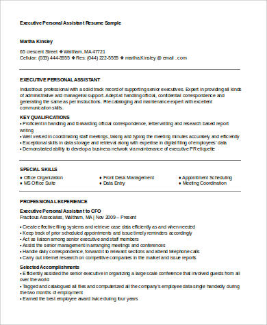 FREE 8+ Sample Personal Assistant Resume Templates in MS Word | PDF