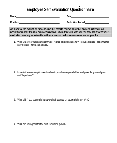 employee self evaluation questionnaire form in pdf