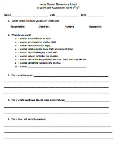 elementary school student self evaluation form