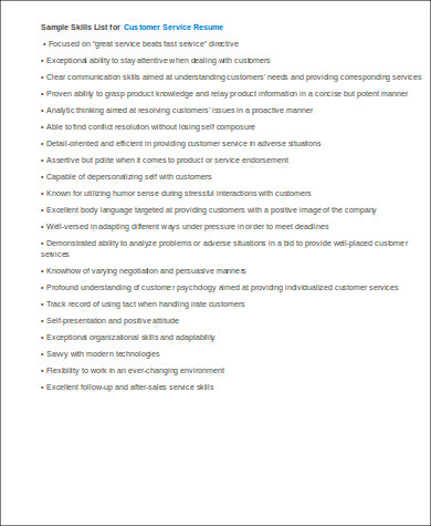 skills for customer service job resume sample