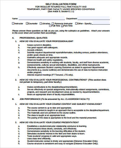 student test self evaluation form example