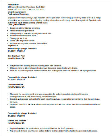 personal injury legal assistant resume