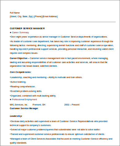 customer service manager resume sample