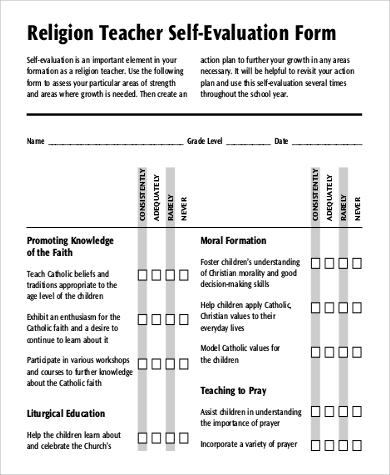 religion teacher self evaluation form sample